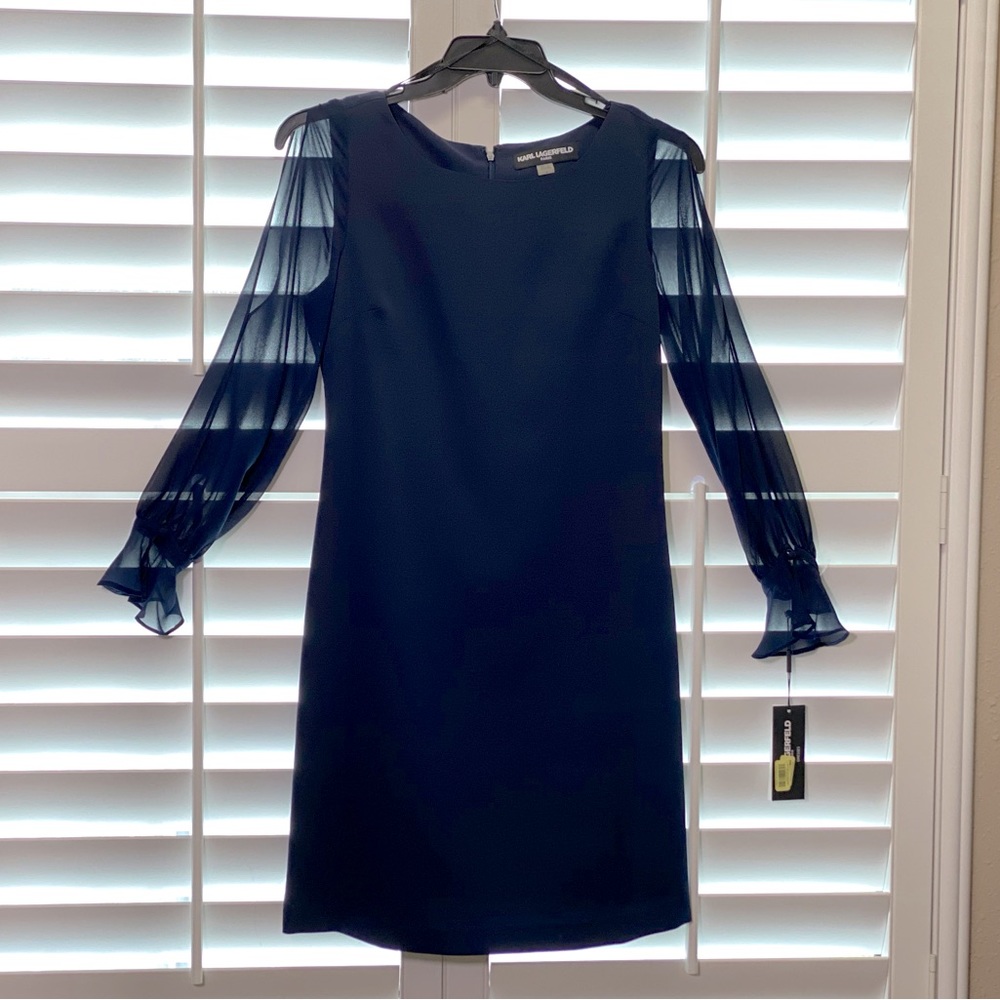Karl Lagerfeld navy long sleeve dress with slit chiffon sleeves